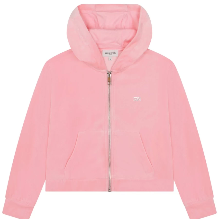 SONIA RYKIEL Girls Pink Washed Velvet Hooded Sweatshirt for Stylish Comfort