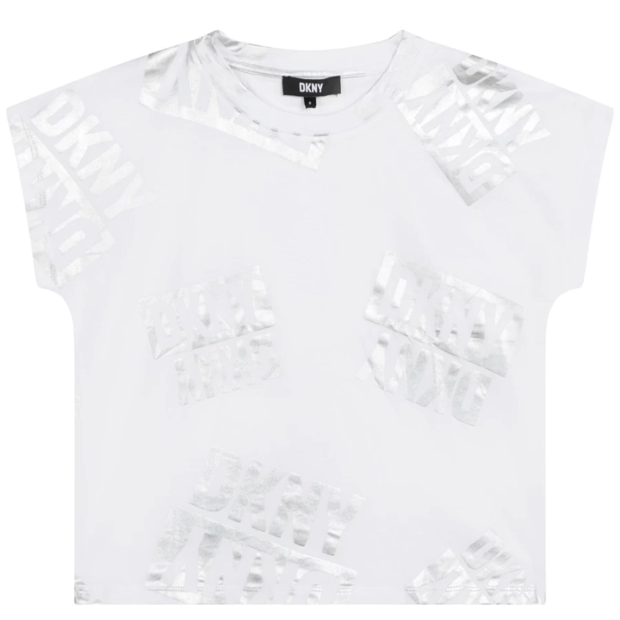 DKNY Girls' White Short-Sleeved Cotton T-Shirt - Casual Comfort Fit Tee for Kids