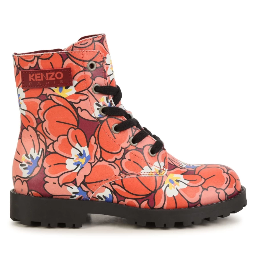 KENZO KIDS Crimson Lace-Up Leather Boots for Girls