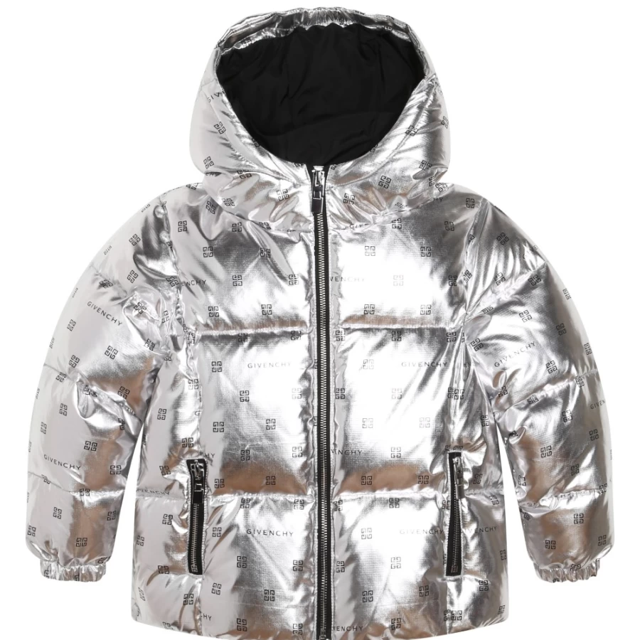 Givenchy Light Grey Hooded Metallic Puffer Jacket for Girls