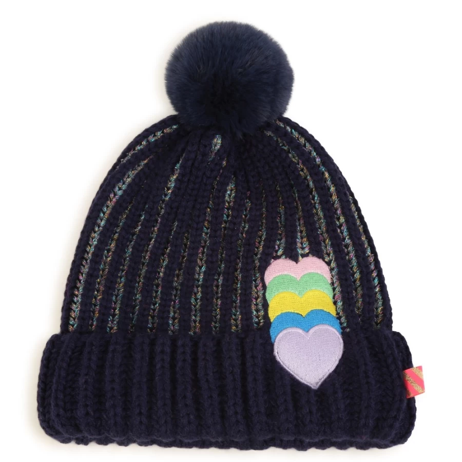 BILLIEBLUSH Navy Striped Beanie With Hearts for Girls - Cute Knit Winter Hat