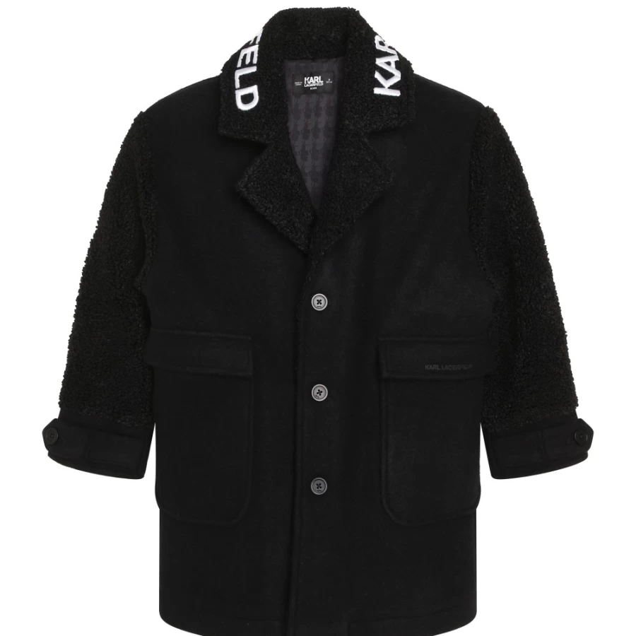 KARL LAGERFELD KIDS Black Bi-Material Coat for Girls - Long Winter Jacket