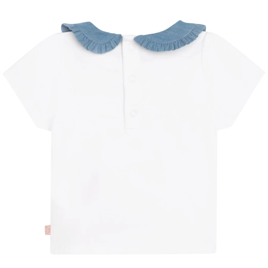 CARREMENT BEAU Girls Cotton Peter Pan Collar T-Shirt in White & Blue