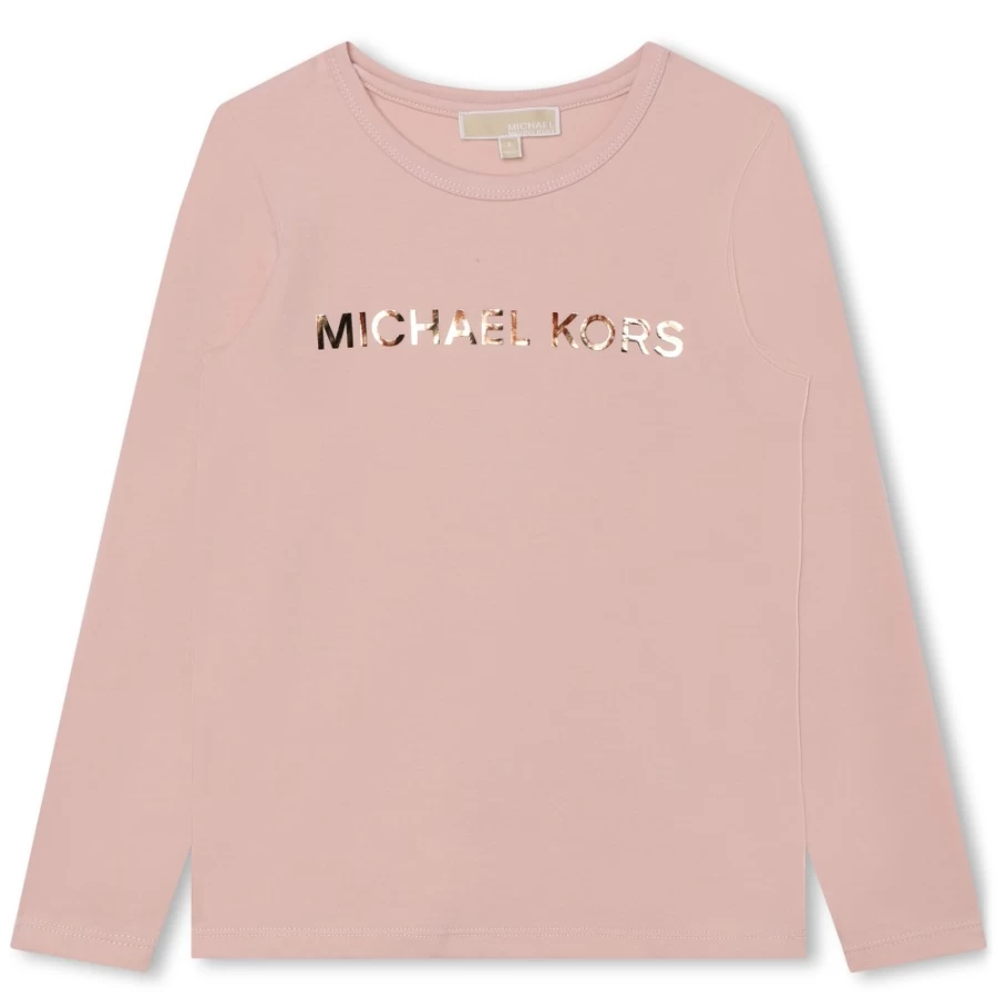 MICHAEL KORS Girls Salmon Long-Sleeve Cotton T-Shirt for Casual Wear