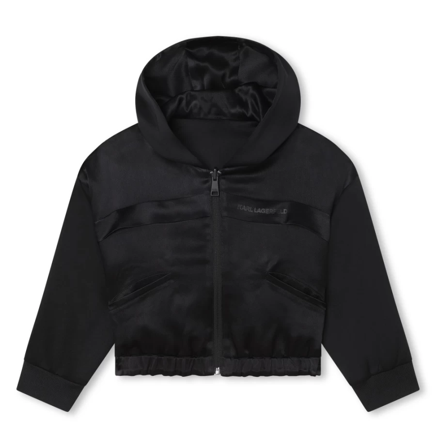 KARL LAGERFELD KIDS Black Hooded Jogging Cardigan for Girls - Stylish Zip-Up Jacket