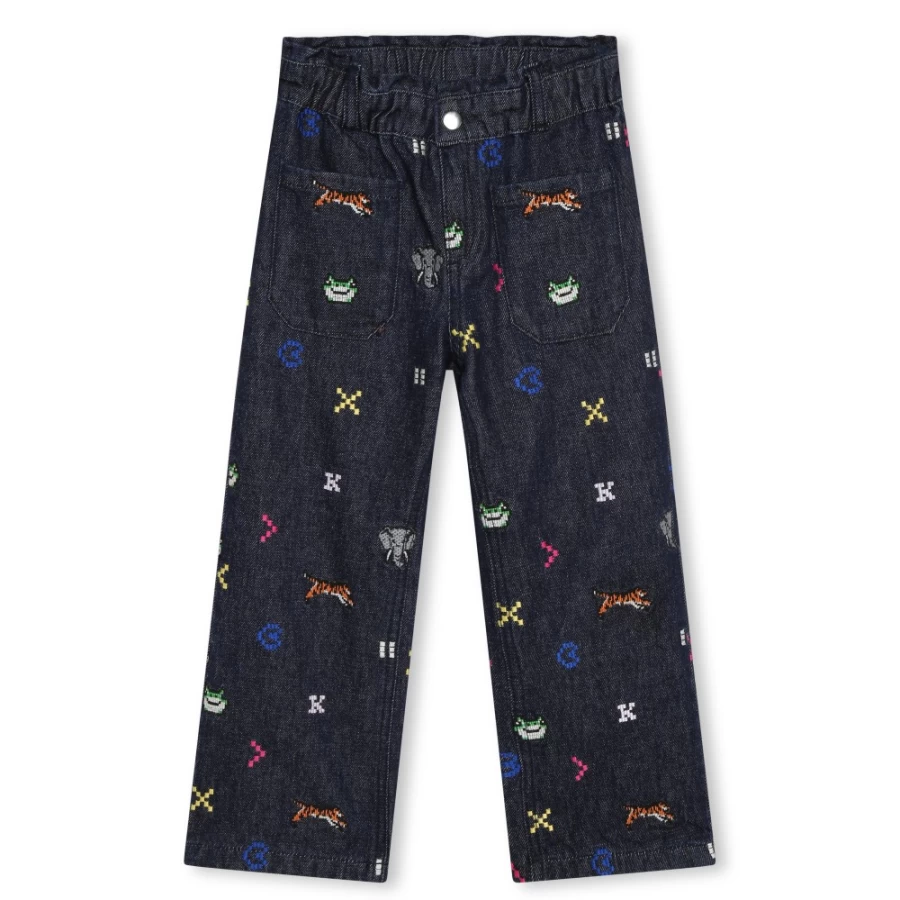KENZO KIDS Girl's Raw Denim Embroidered Jeans for Stylish Comfort