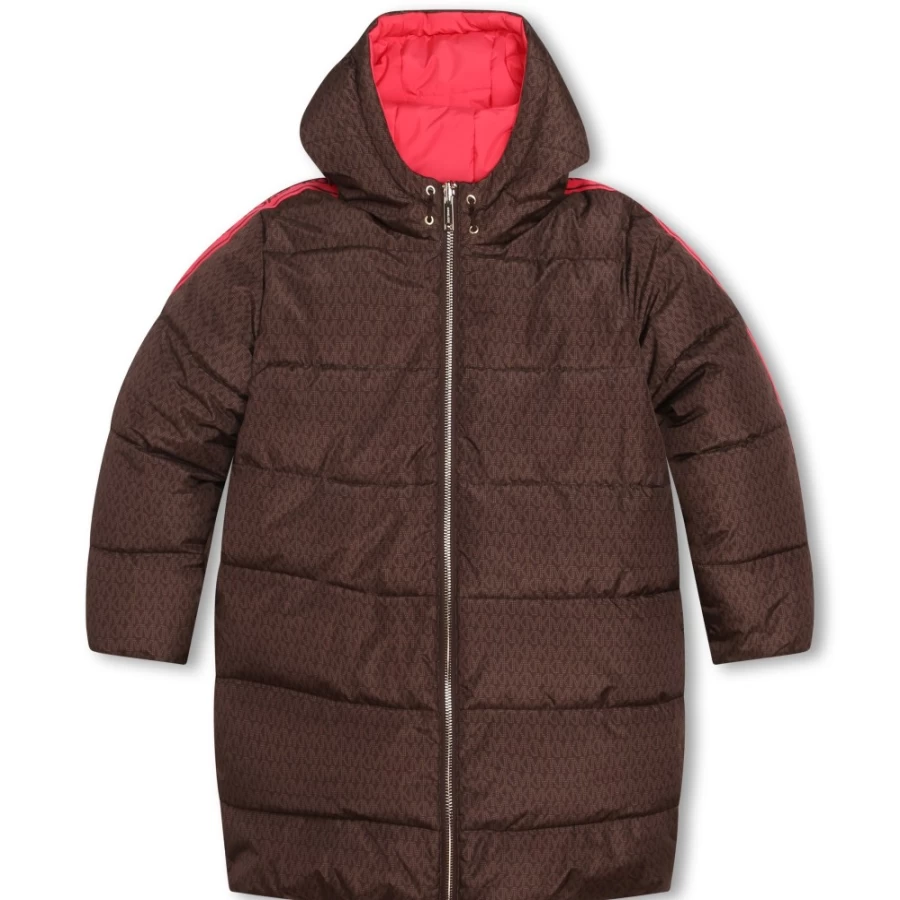 MICHAEL KORS Girls' Pink Chocolate Brown Long Reversible Puffer Coat