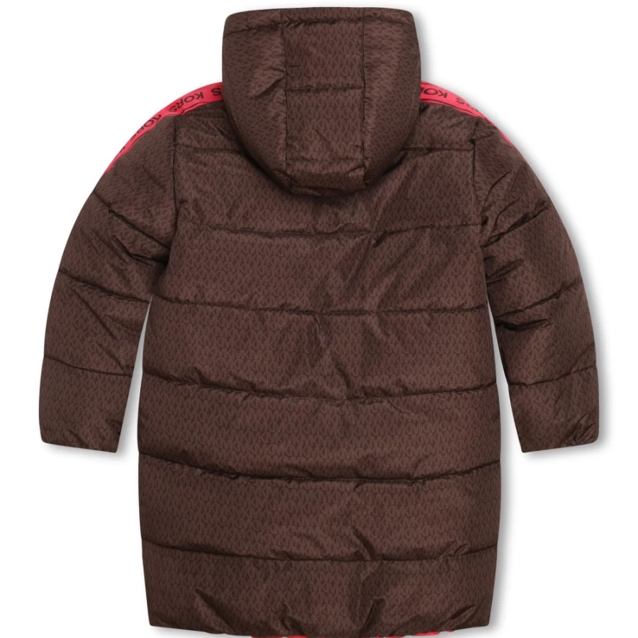 MICHAEL KORS Girls' Pink Chocolate Brown Long Reversible Puffer Coat