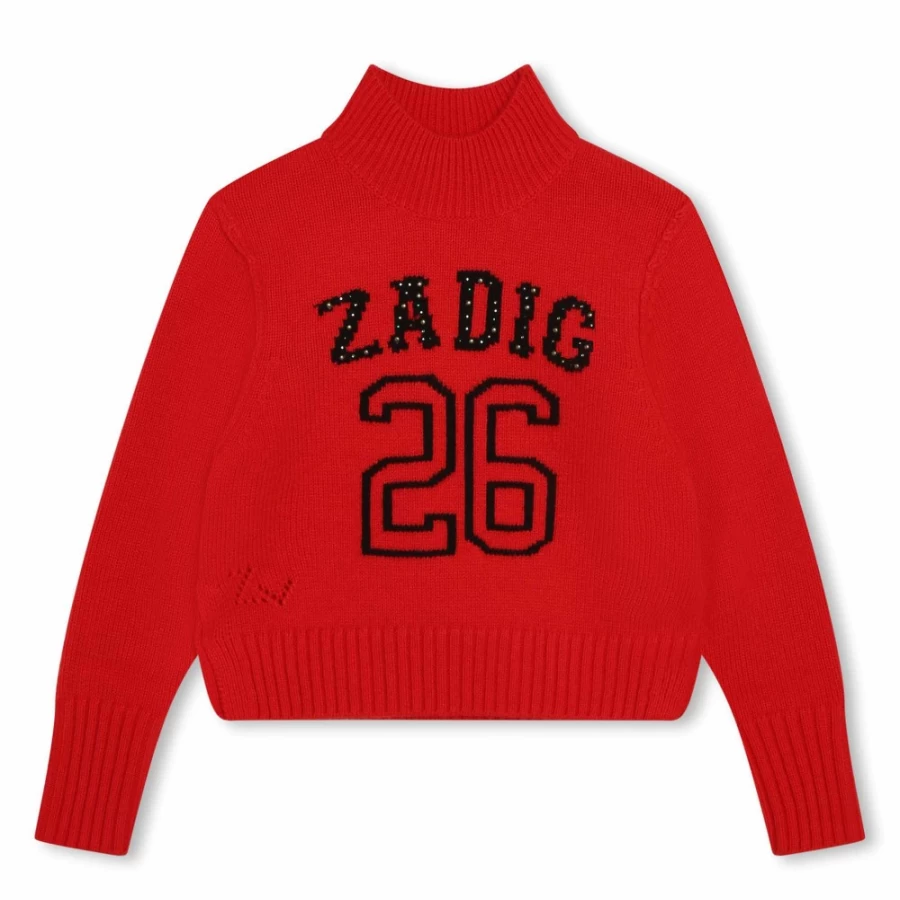 ZADIG & VOLTAIRE Girls' Red Funnel-Neck Jumper | Stylish Knit Sweater for Kids