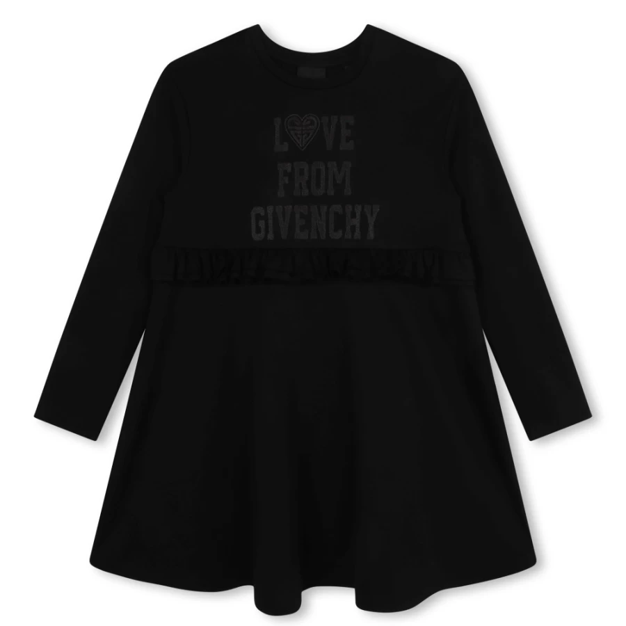GIVENCHY Black Frilled Cotton Dress for Girls - Elegant Ruffled Design