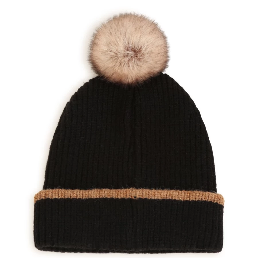 BOSS Black Embroidered Pompom Beanie for Girls - Winter Knit Hat with Stylish Design