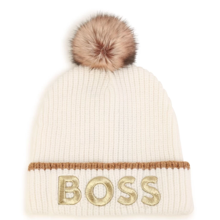 BOSS Embroidered Off-White Pompom Beanie for Girls - Winter Knit Hat with Elegant Stitching