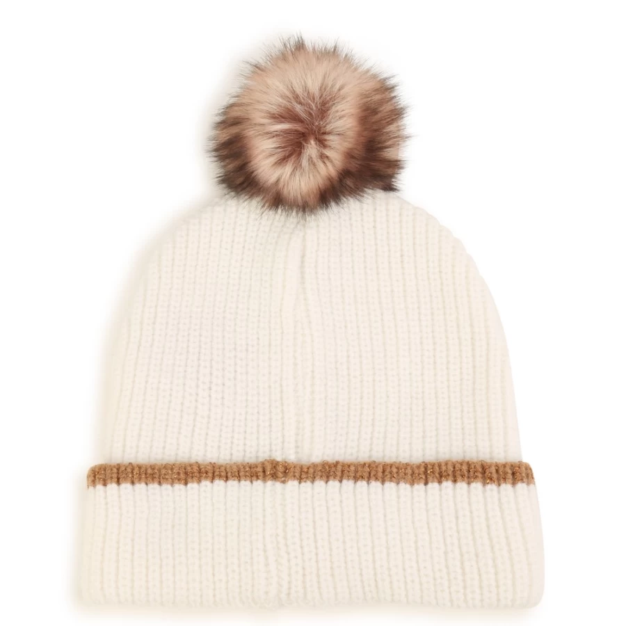 BOSS Embroidered Off-White Pompom Beanie for Girls - Winter Knit Hat with Elegant Stitching