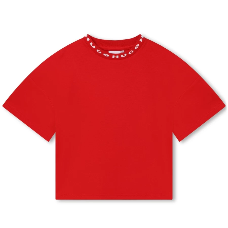 HUGO Bright Red Novelty Collar T-Shirt for Girls - Trendy Kids Fashion Top