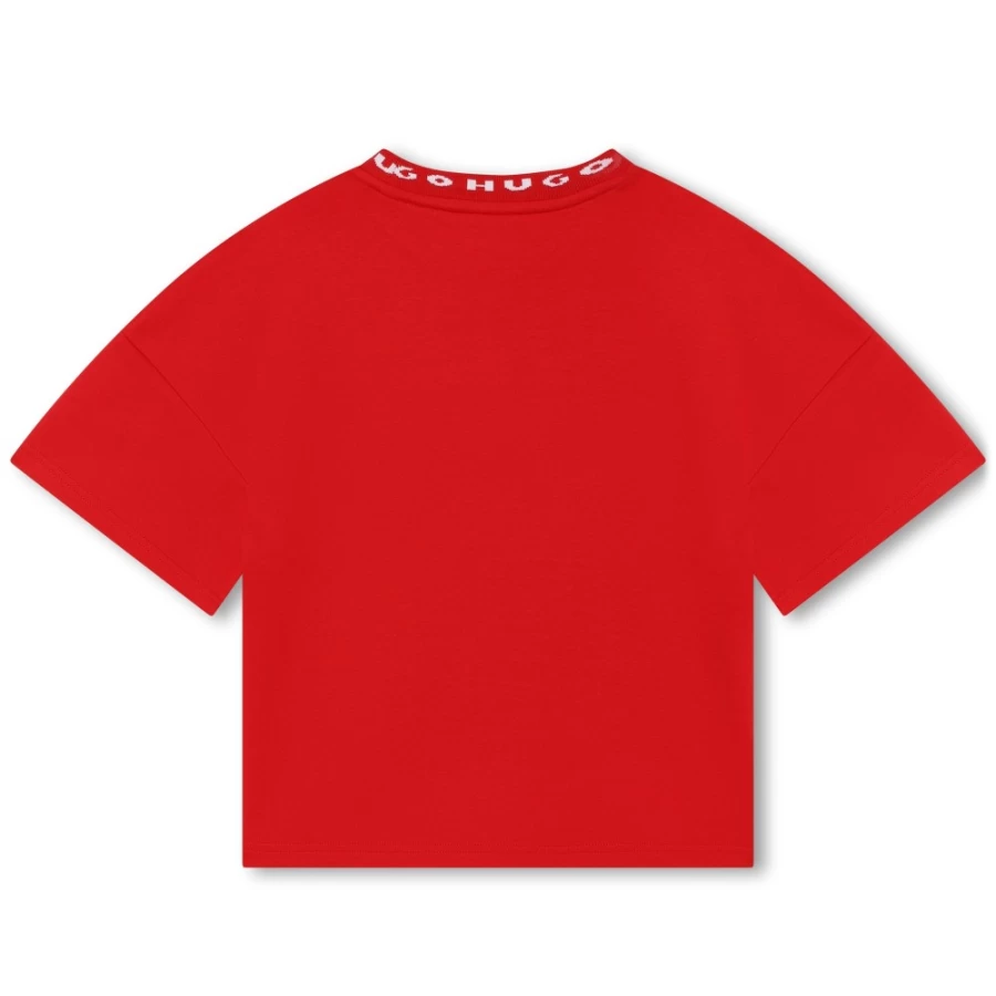 HUGO Bright Red Novelty Collar T-Shirt for Girls - Trendy Kids Fashion Top