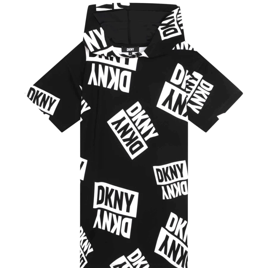 DKNY Girls' Black & White Short-Sleeved Hooded Dress