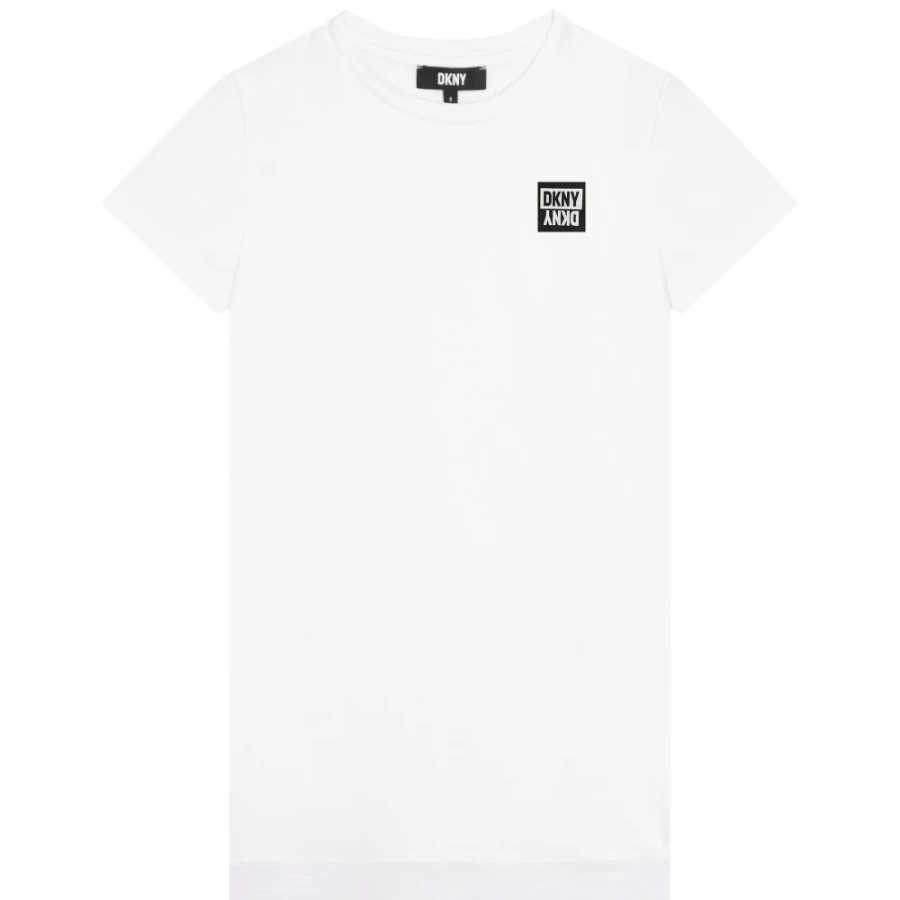 DKNY Girls' White Bi-Material T-Shirt Dress - Stylish Two-Tone Comfort Wear