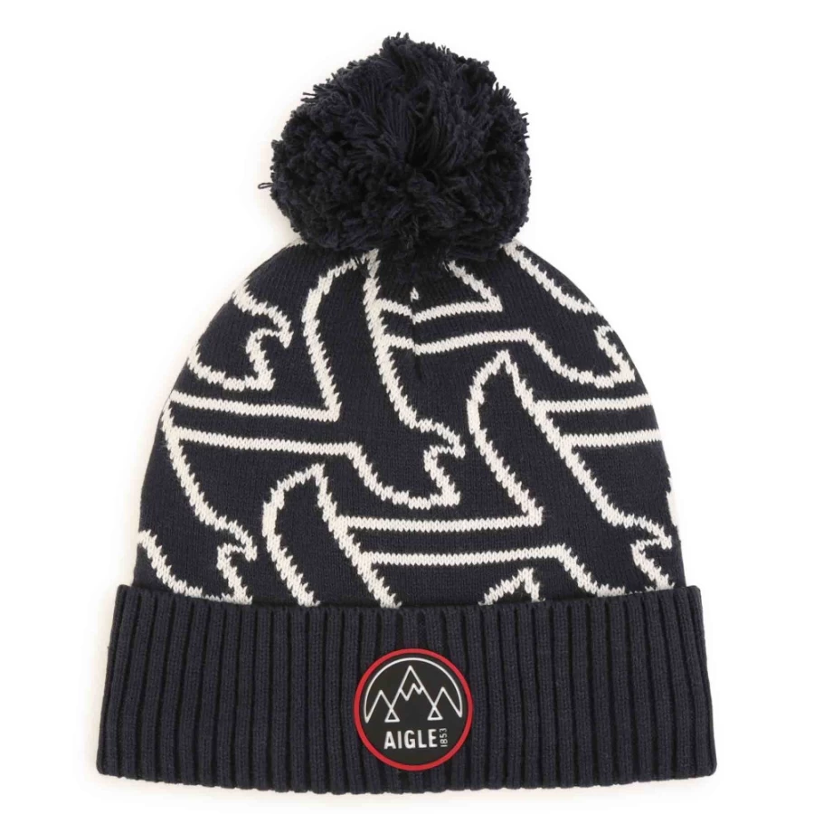 AIGLE Navy Pompom Hat for Girls - Warm Winter Beanie with Pom