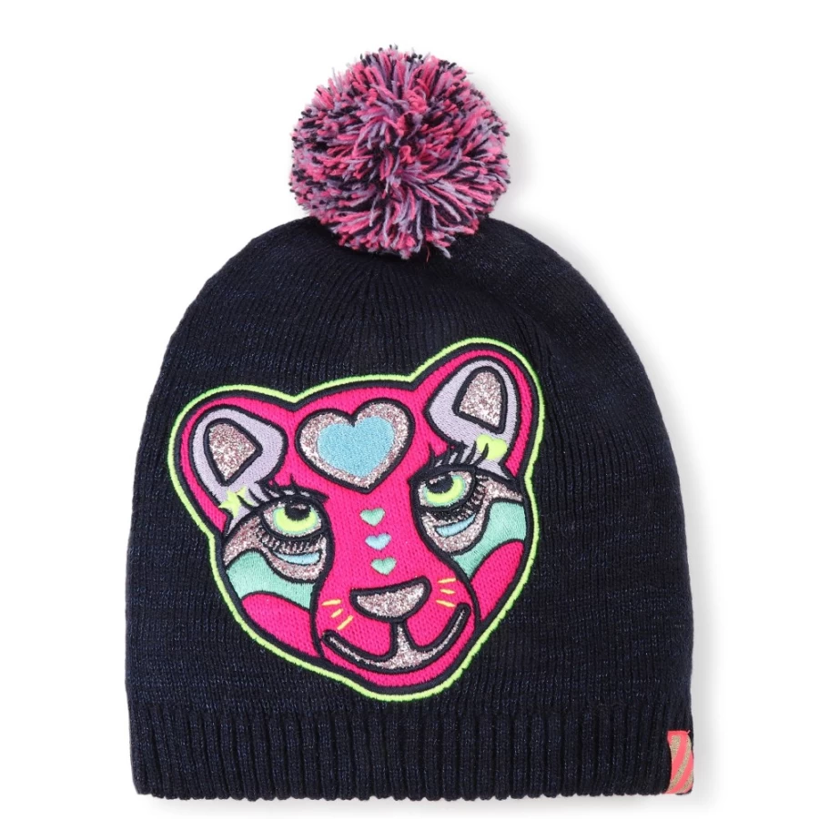 BILLIEBLUSH Navy Beanie for Girls - Embroidered Patch & Pom-Pom Winter Hat