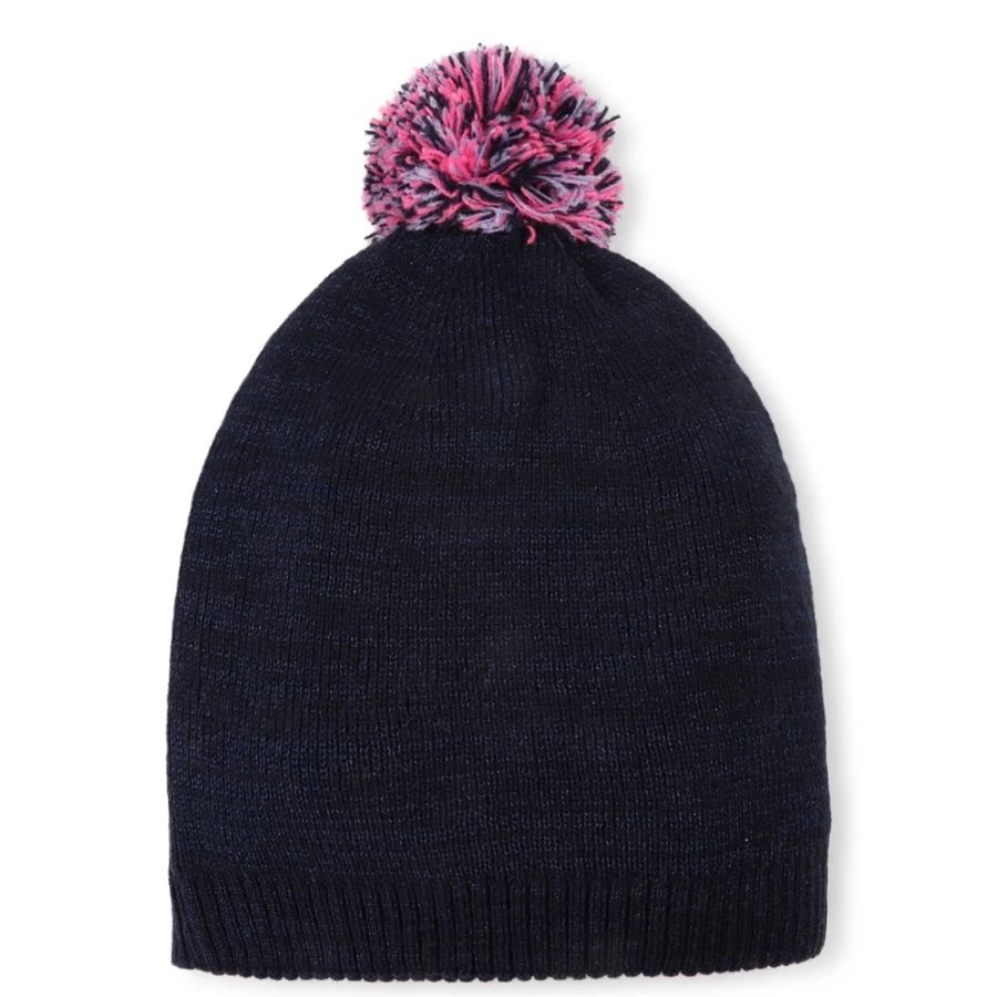 BILLIEBLUSH Navy Beanie for Girls - Embroidered Patch & Pom-Pom Winter Hat