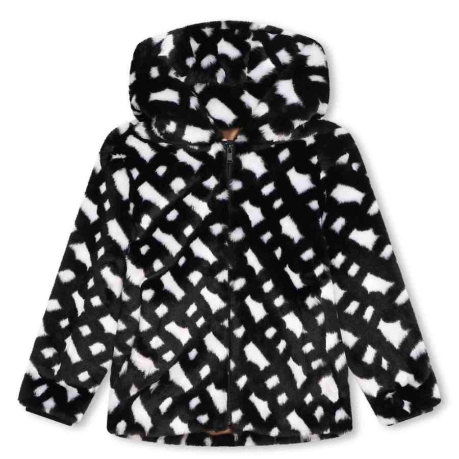 BOSS Girls' Fluffy Hooded Coat - White & Black Winter Outerwear
