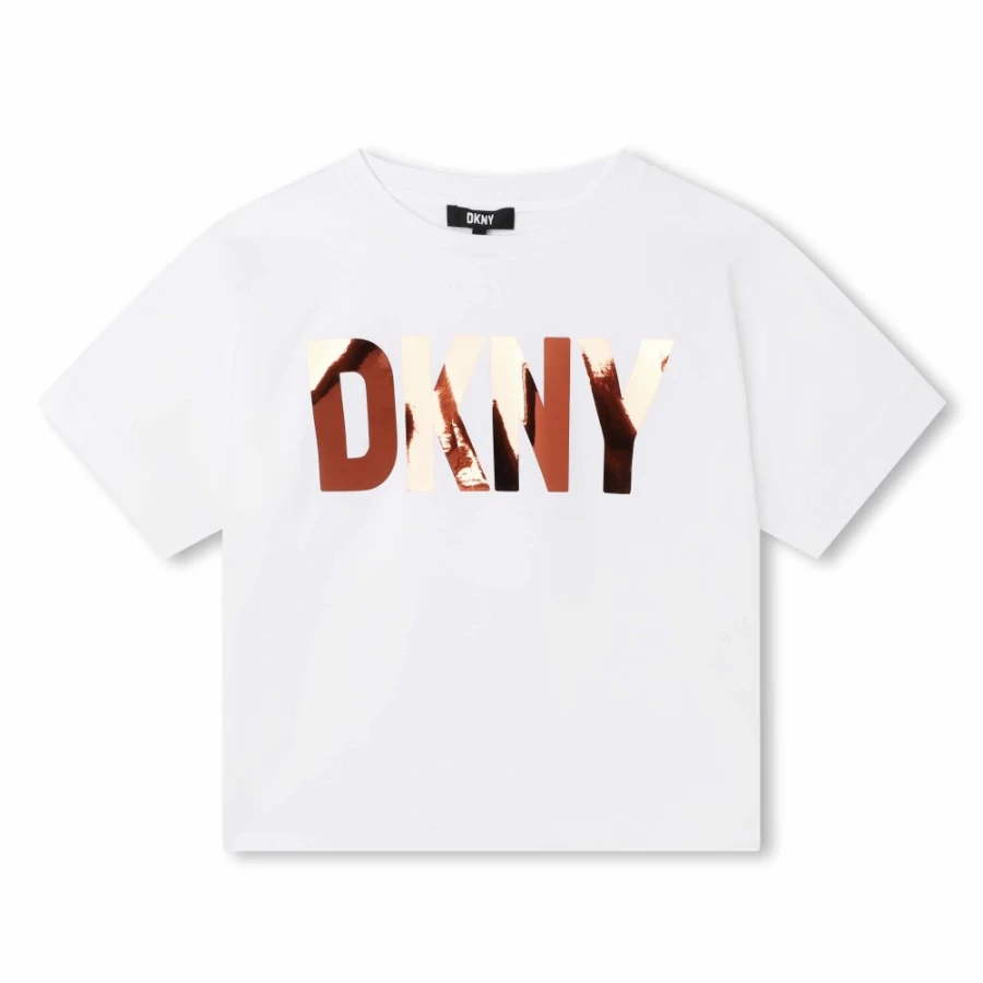 DKNY Girls' White Cotton Short-Sleeved T-Shirt for Comfort & Style