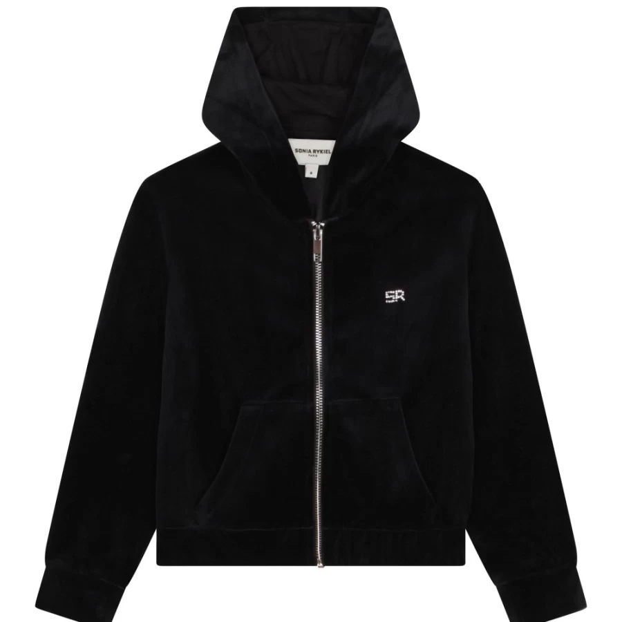 SONIA RYKIEL Black Velvet Hooded Sweatshirt for Girls