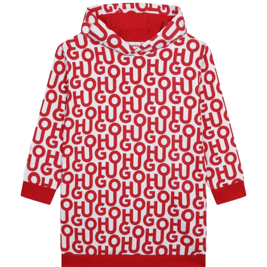 HUGO Girls' Red & White Fleece Dress - Cozy Winter Outfit for Kids