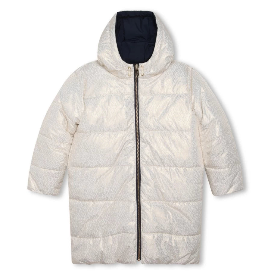 MICHAEL KORS Girls Blue Stone Reversible Long Padded Coat for Winter Warmth