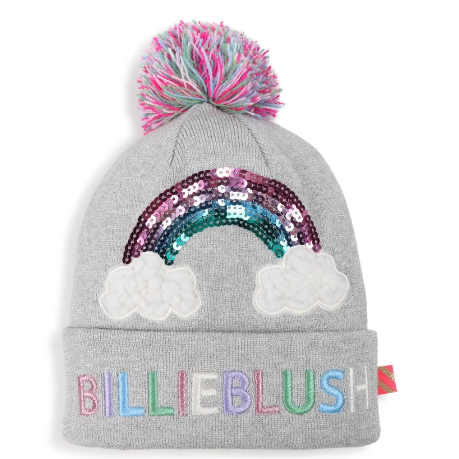 BILLIEBLUSH Rainbow and Clouds Beanie for Girls - Chine Grey Winter Knit Hat
