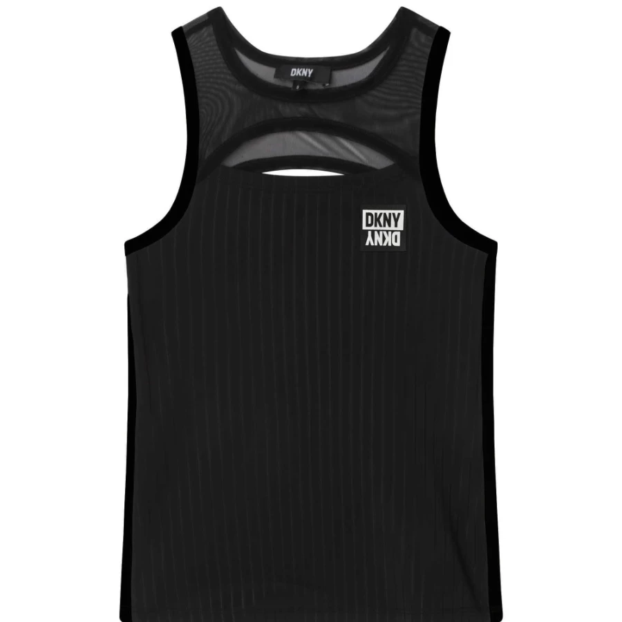 DKNY Girls' Black Striped Vest Top - Fashionable Sleeveless Tank for Teens