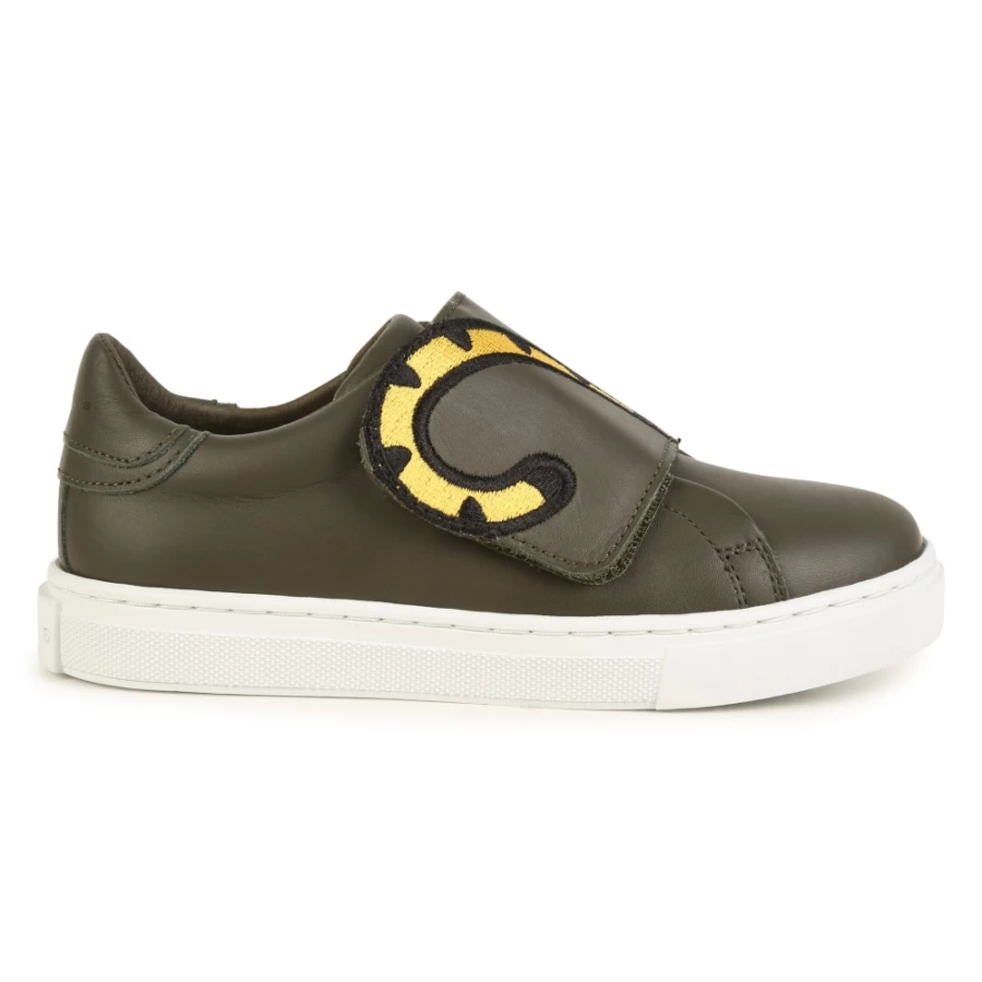 KENZO KIDS Girls' Khaki Embroidered Leather Sneakers for Stylish Comfort
